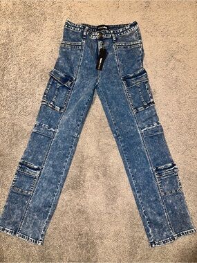 Fashion Nova Blue Straight-Leg Cargo Jeans